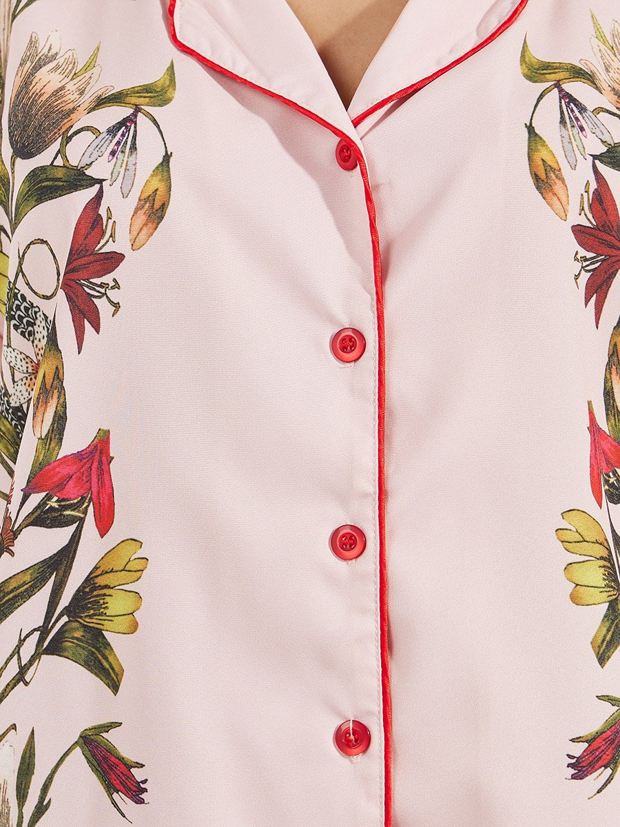 Satin Floral Print Piped Trim Detail Shirt and Pyjama Set