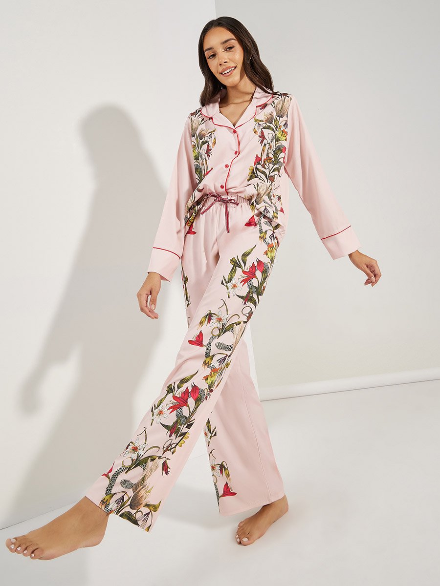 Satin Floral Print Piped Trim Detail Shirt and Pyjama Set