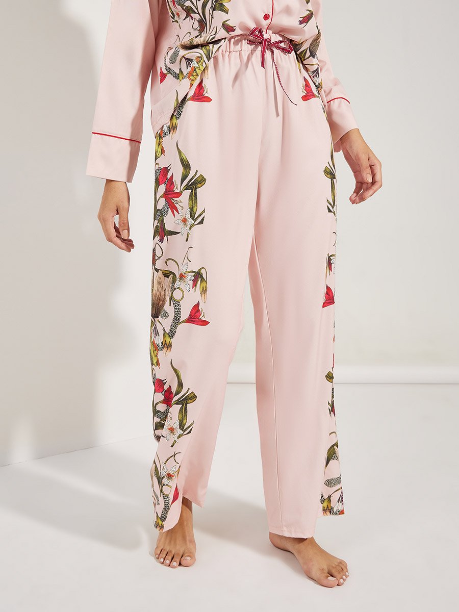 Satin Floral Print Piped Trim Detail Shirt and Pyjama Set