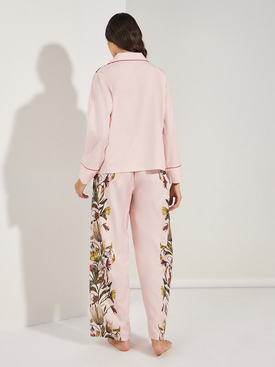 Satin Floral Print Piped Trim Detail Shirt and Pyjama Set