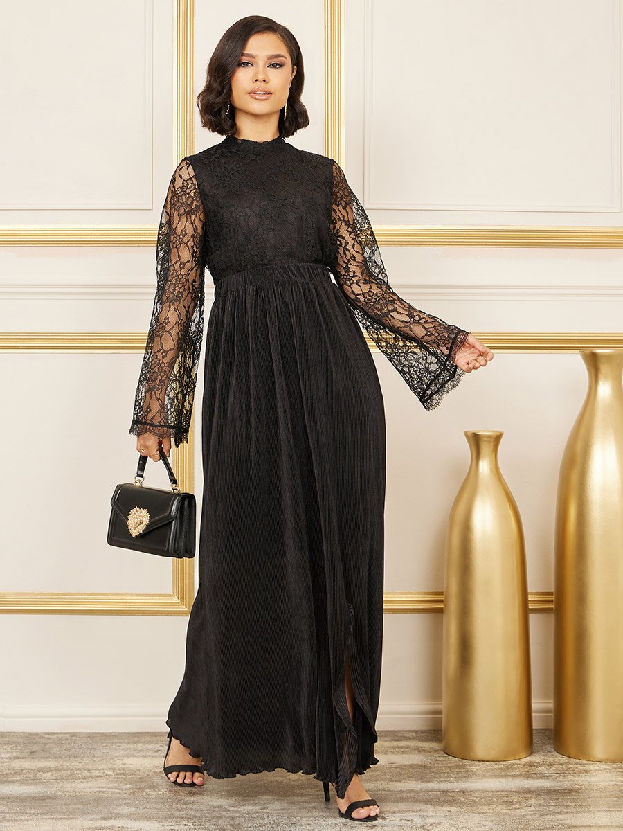 Lace Insert Plisse Maxi Dress For Women at UAE | Styli