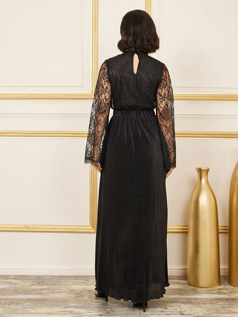Lace Insert Plisse Maxi Dress For Women at UAE | Styli