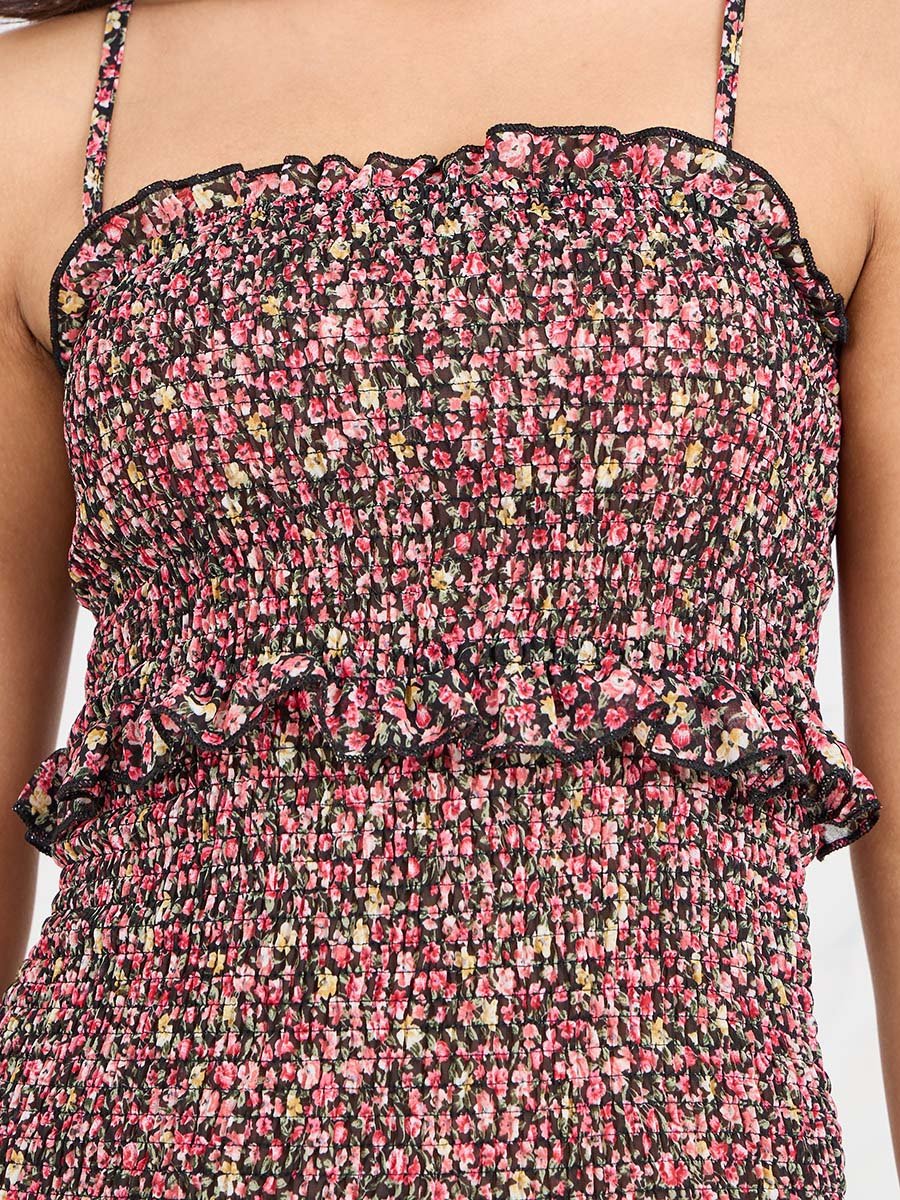 Ruffled Floral Print Bodycon Midi Dress
