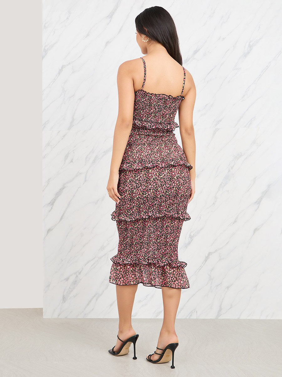 Ruffled Floral Print Bodycon Midi Dress