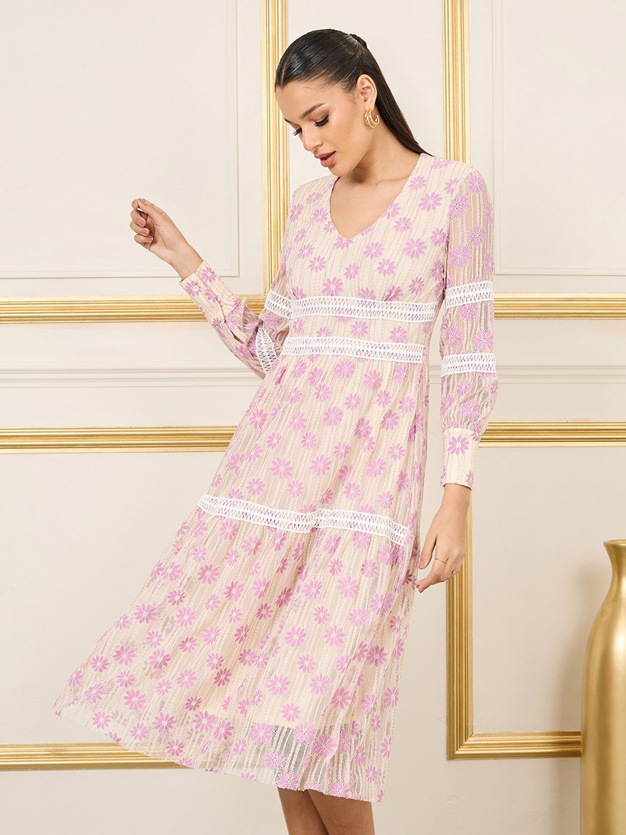 knee length dresses for ladies Pink Floral Tiered Midi Dress M