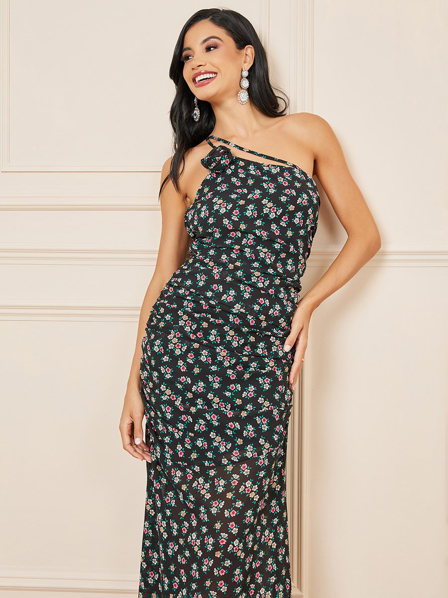 Ditsy Print One Shoulder Sheath Maxi Dress