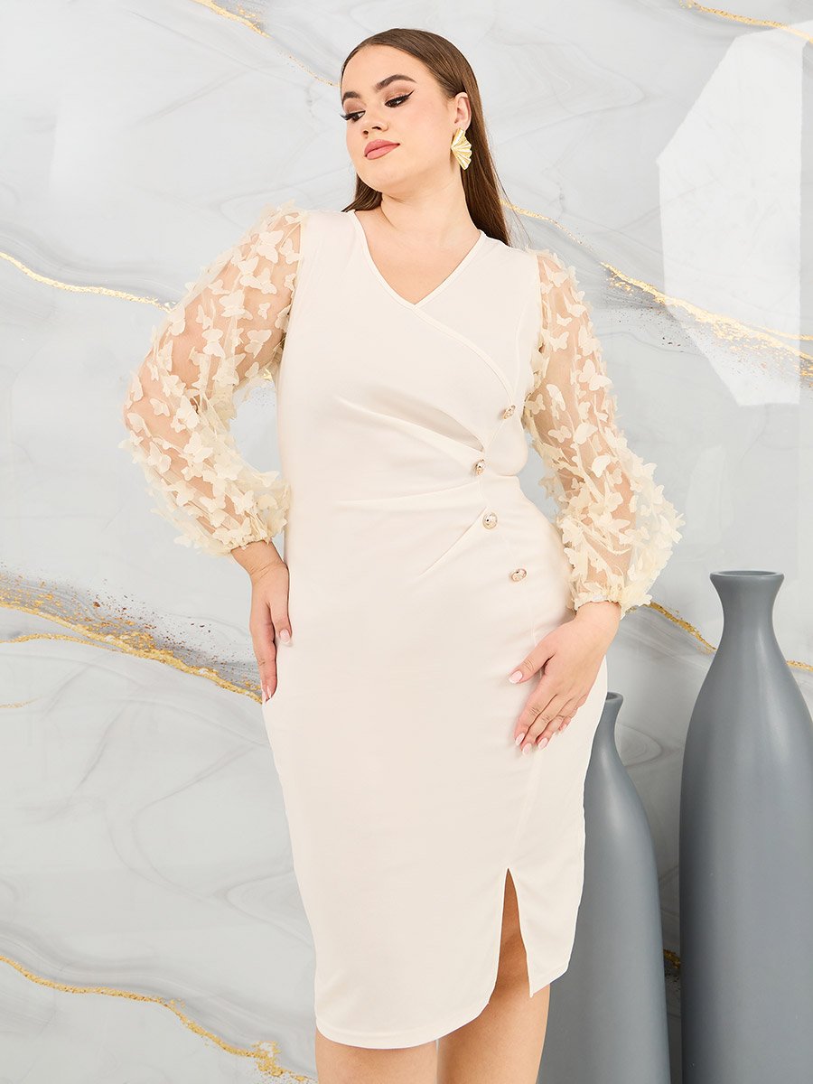 Plus Butterfly Applique Sheer Sleeves Button Detail Bodycon Midi Dress For  Women at Saudi | Styli