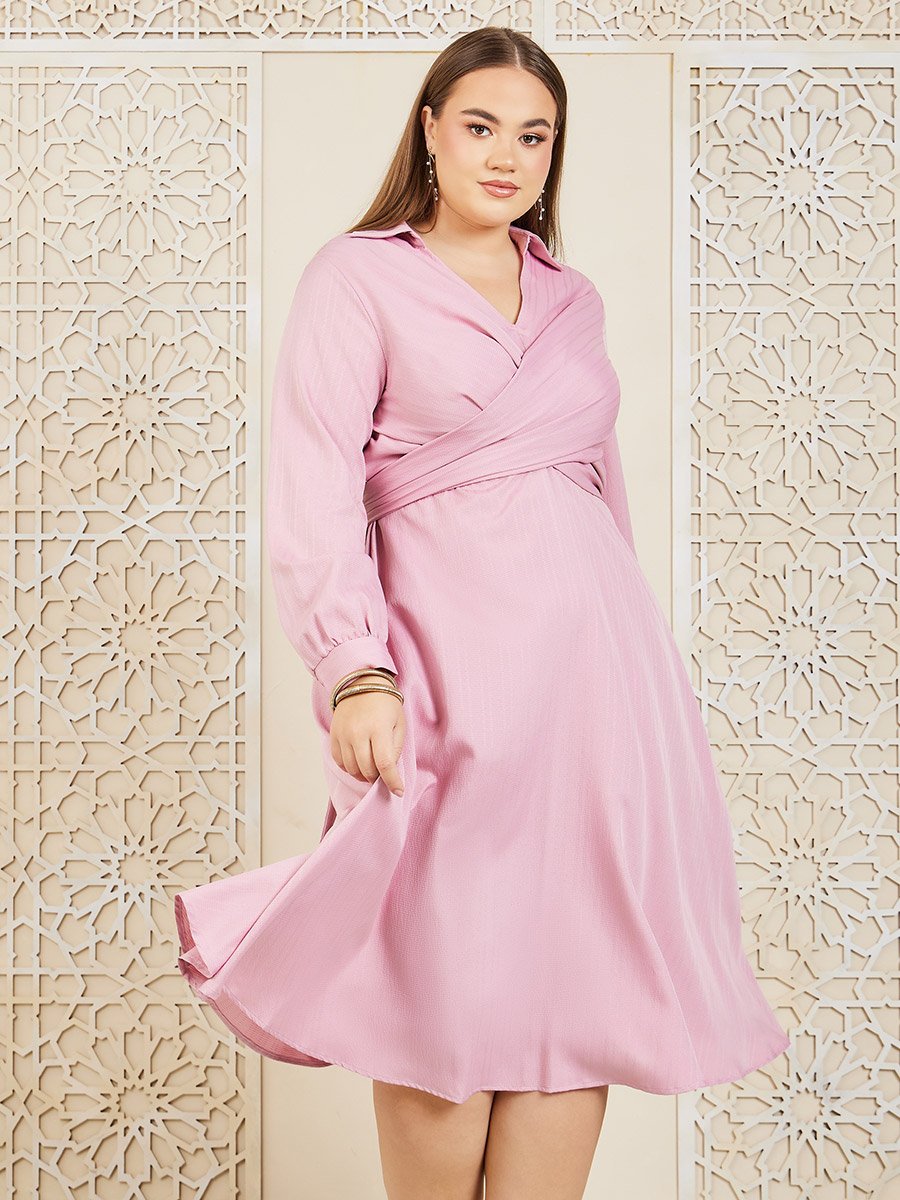 Plus Textured Collared Back Tie Up A-line Midi Dress