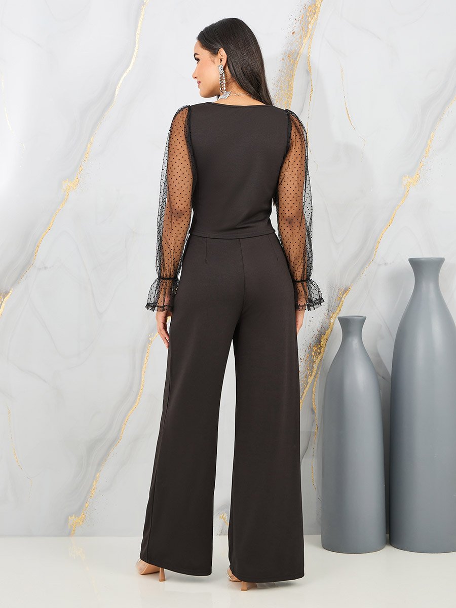 Dobby Mesh Sleeves Blouse and Tailored Pant Set