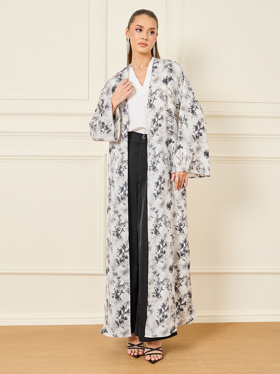 Abstract Floral Print Maxi Kimono
