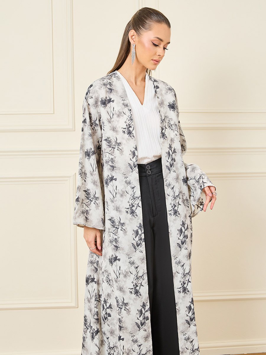 Abstract Floral Print Maxi Kimono