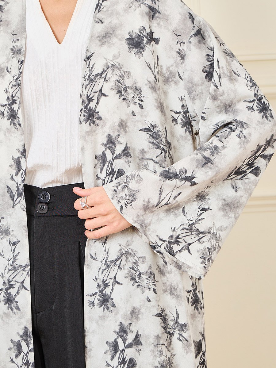 Abstract Floral Print Maxi Kimono