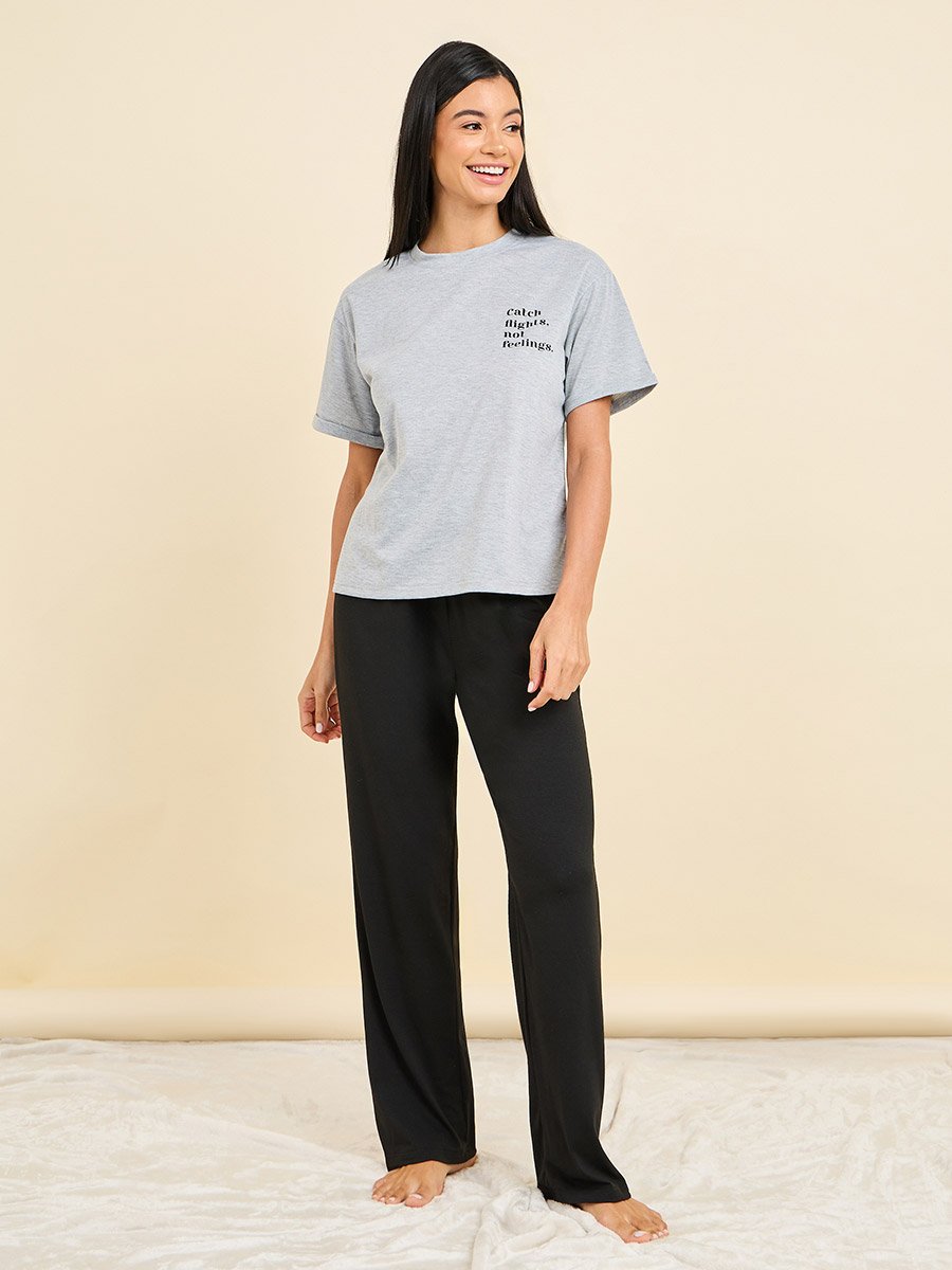 Melange Slogan Print T-Shirt and Pyjama Set
