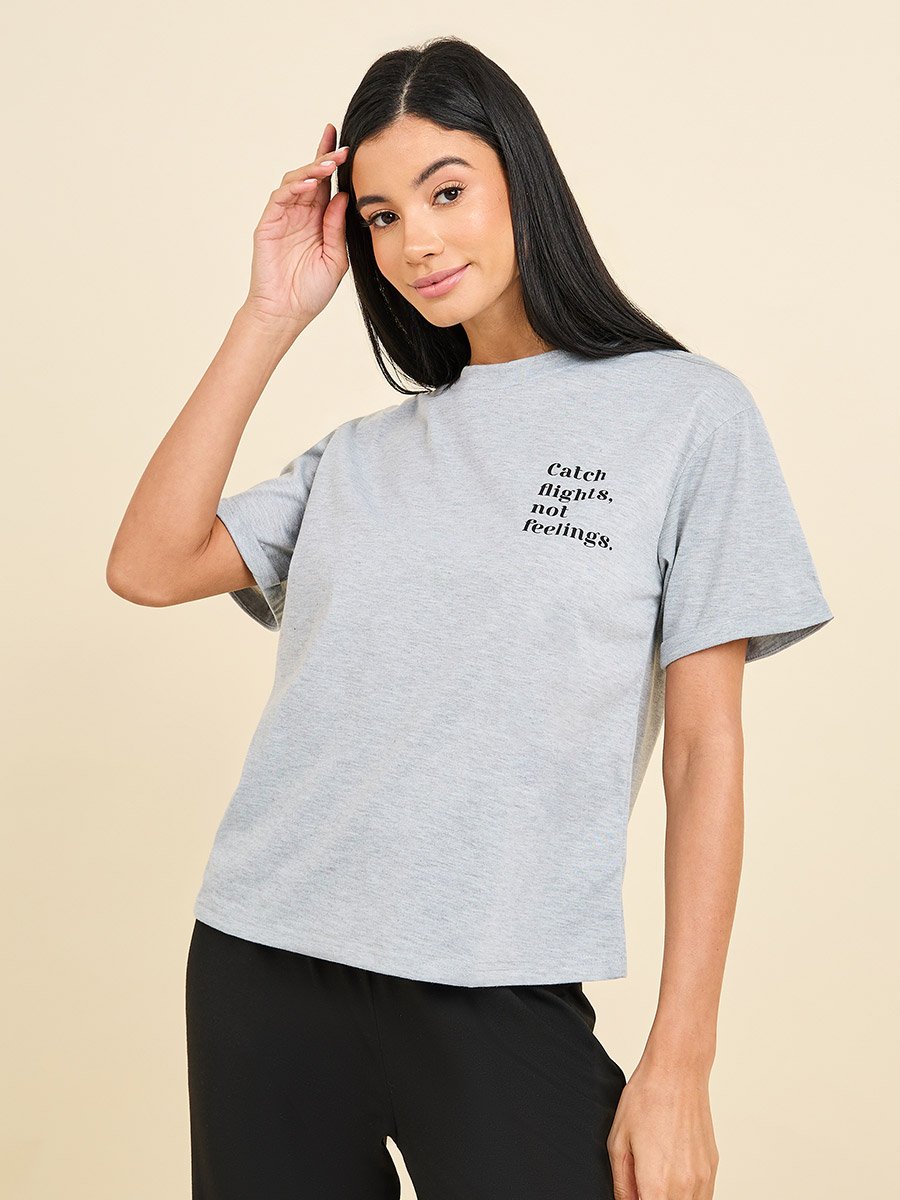 Melange Slogan Print T-Shirt and Pyjama Set