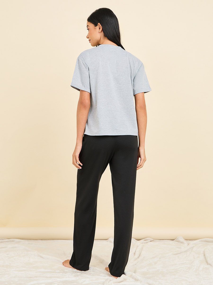 Melange Slogan Print T-Shirt and Pyjama Set