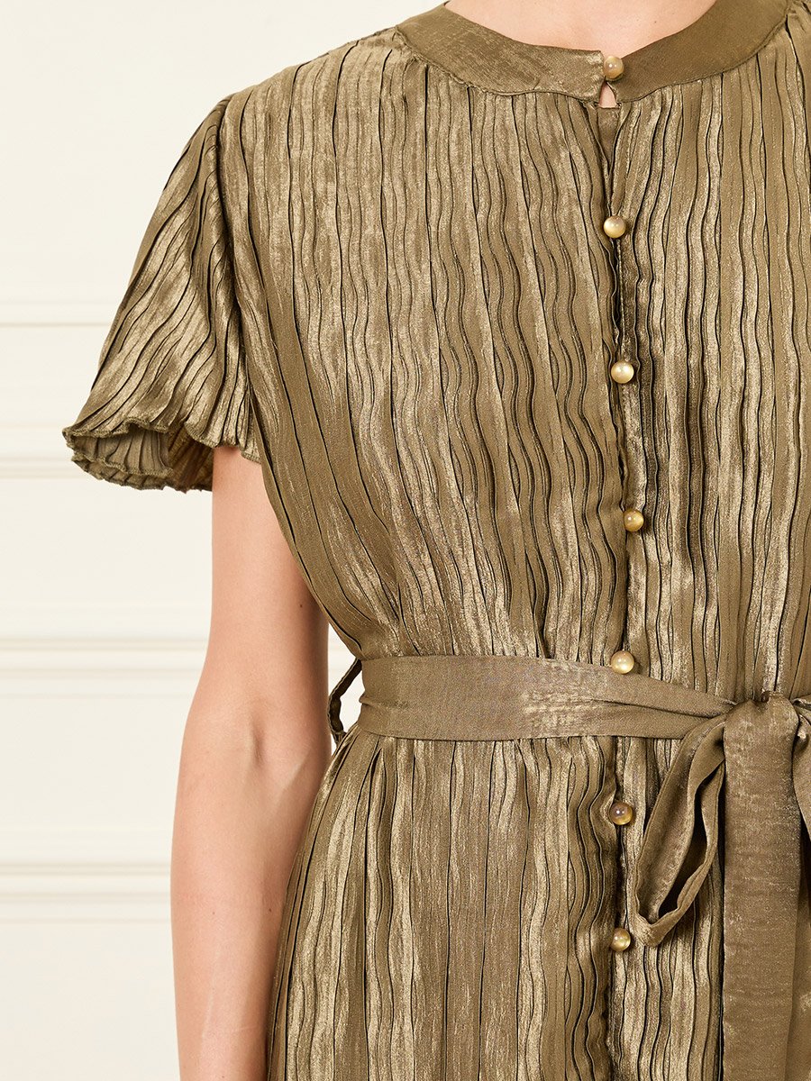 Plisse Button Detail Self Tie Up Midi Dress