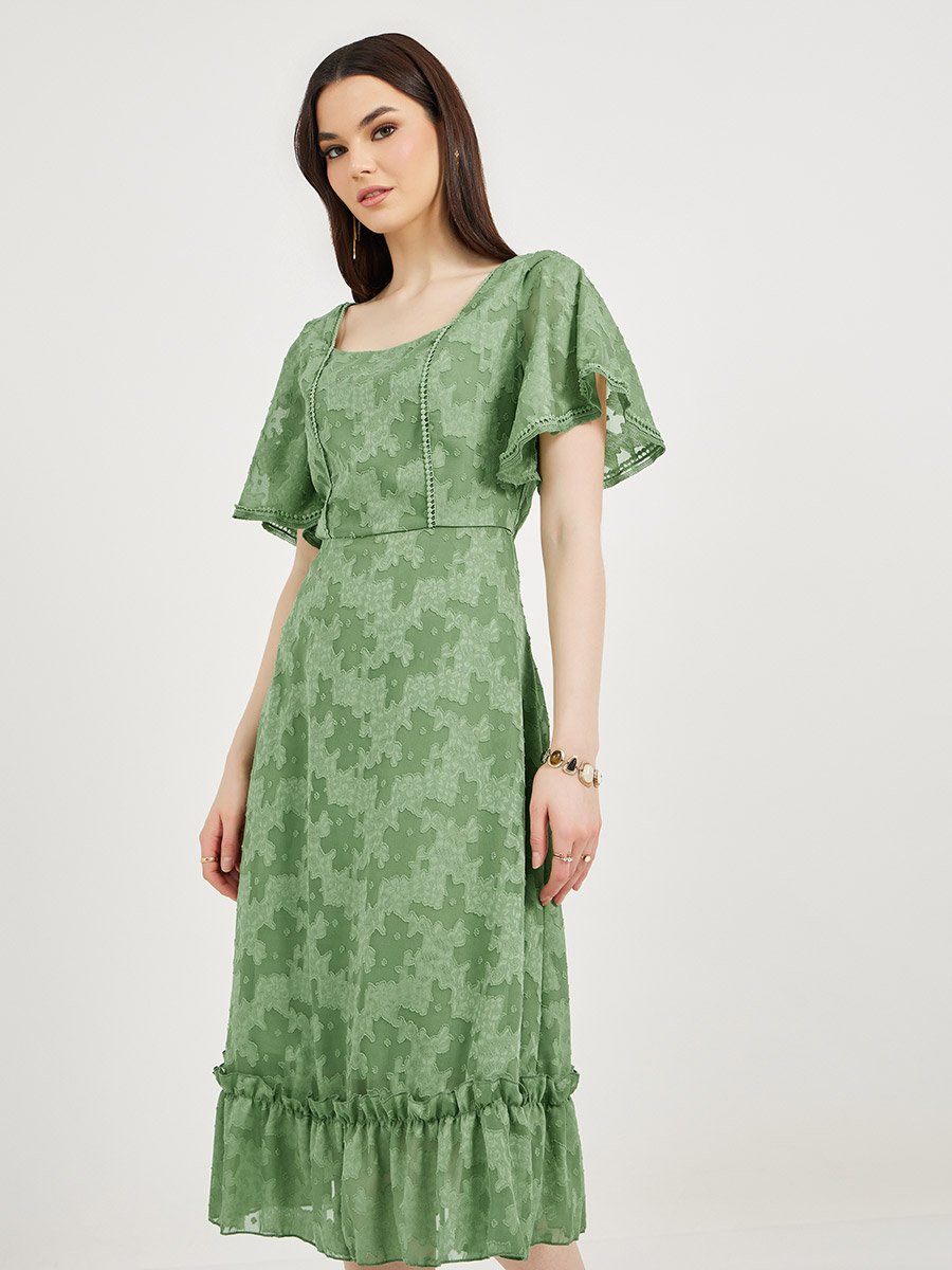 Burnout Floral Square Neck A-Line Midi Dress