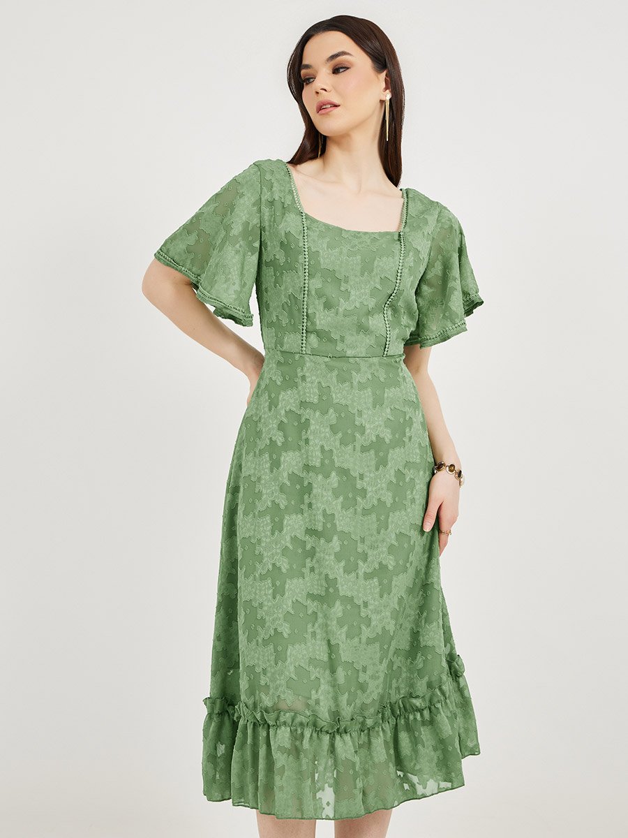 Burnout Floral Square Neck A-Line Midi Dress