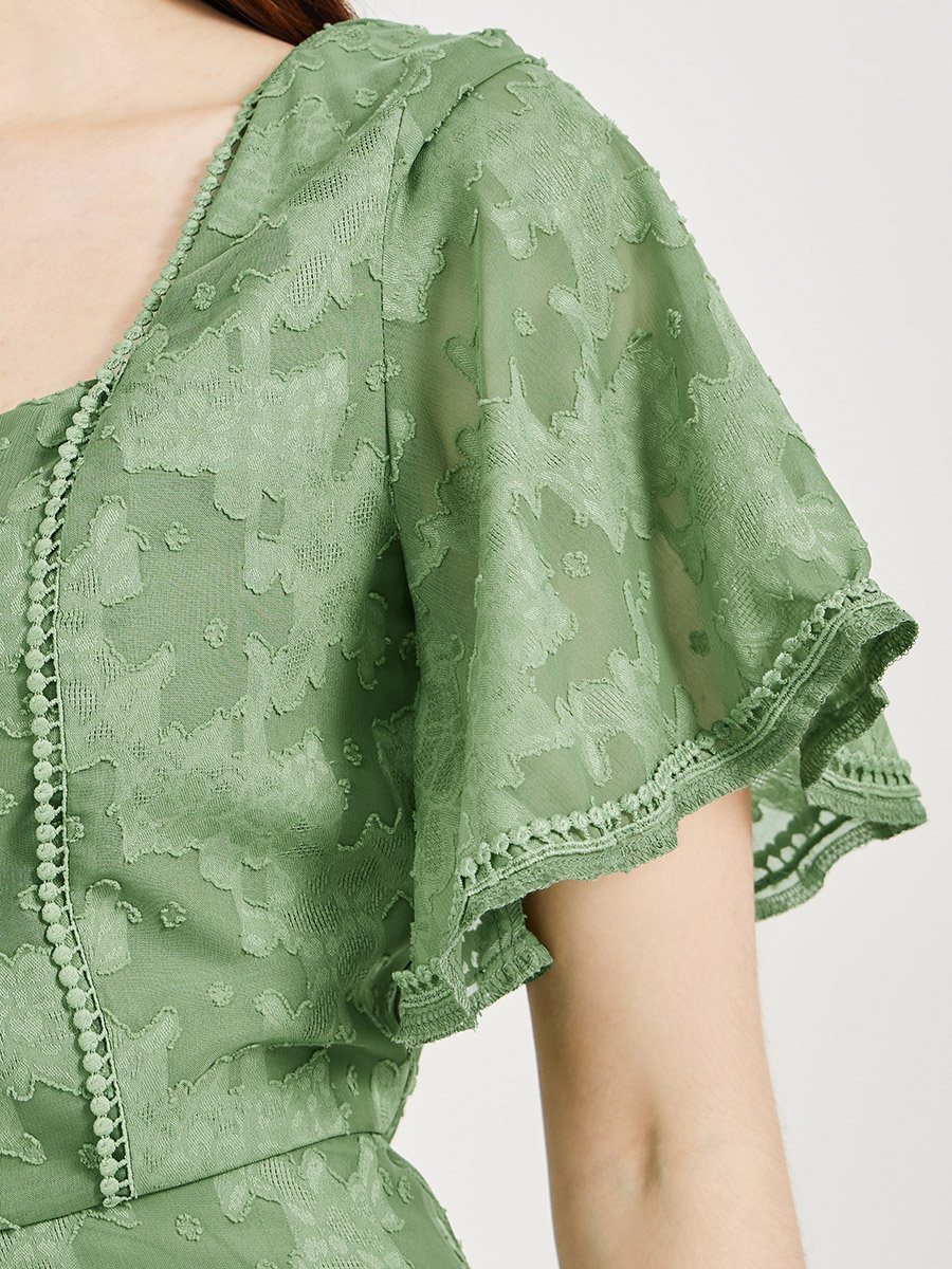 Burnout Floral Square Neck A-Line Midi Dress