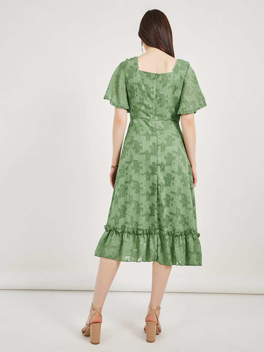 Burnout Floral Square Neck A-Line Midi Dress