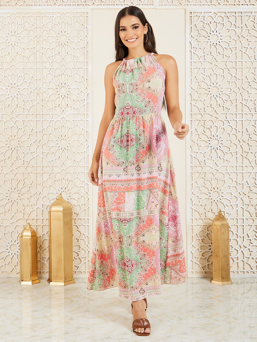 Paisley All Over Print Halter Neck A-Line Maxi Dress For Women at Kuwait | Styli Paisley All Over Print Halter Neck A-Line Maxi Dress For Women at Kuwait | Styli