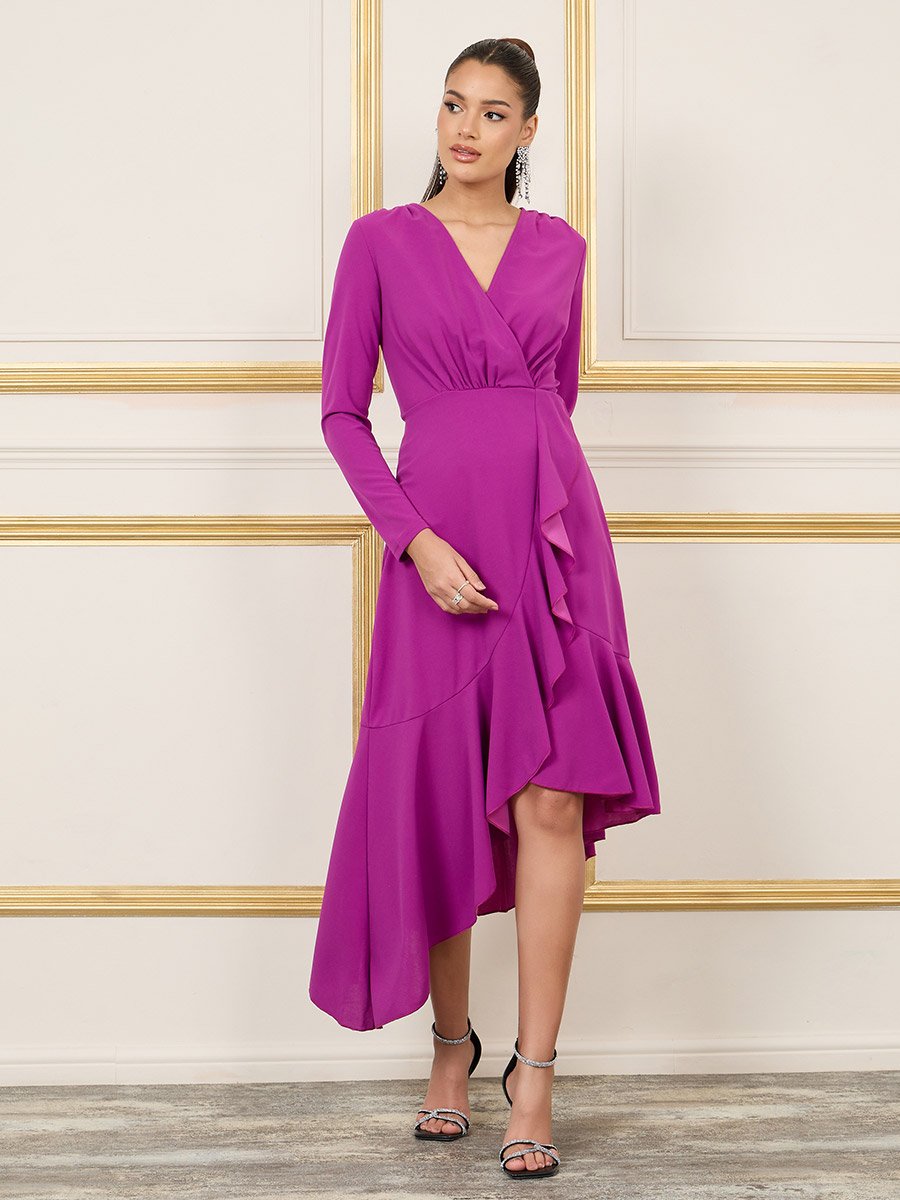 Ruffle Asymmetric Hem A-Line Midi Dress