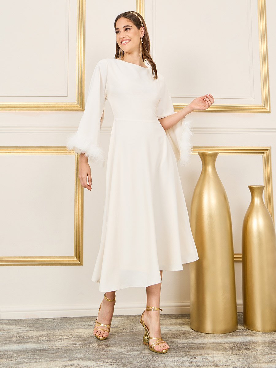 Faux Fur Trim Sleeves A Line Midi Dress For Women at Saudi | Styli