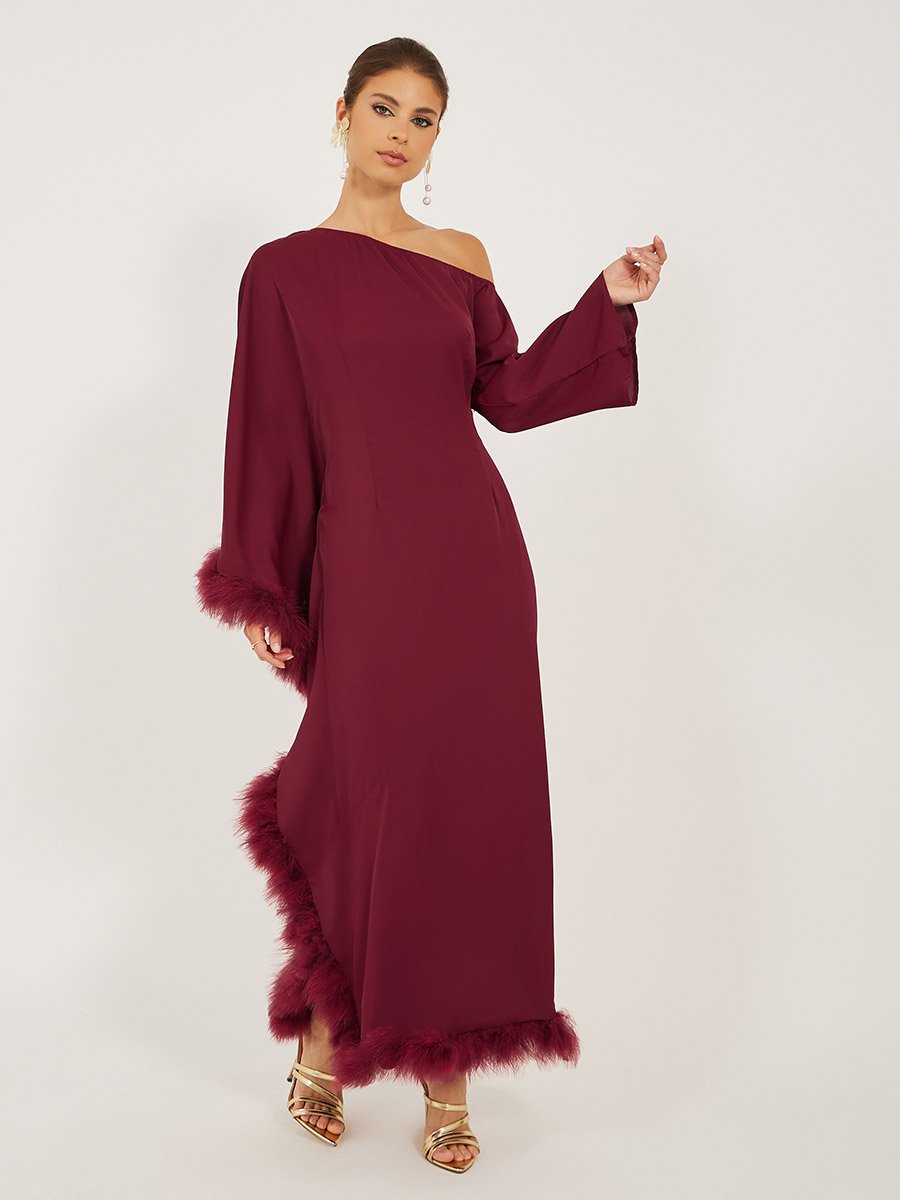 Asymmetric Neck Faux Fur Trim Maxi Dress For Women at Kuwait | Styli
