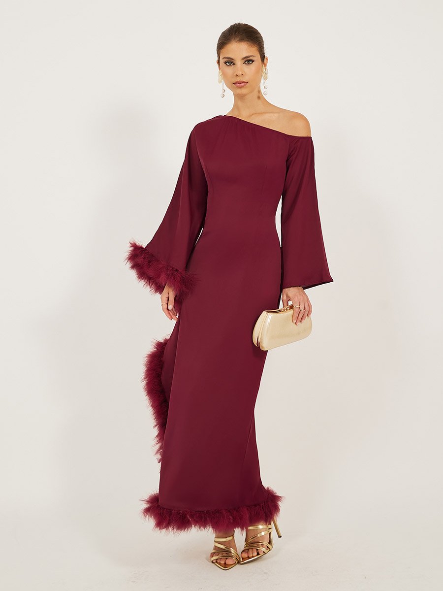Asymmetric Neck Faux Fur Trim Maxi Dress For Women at Bahrain | Styli