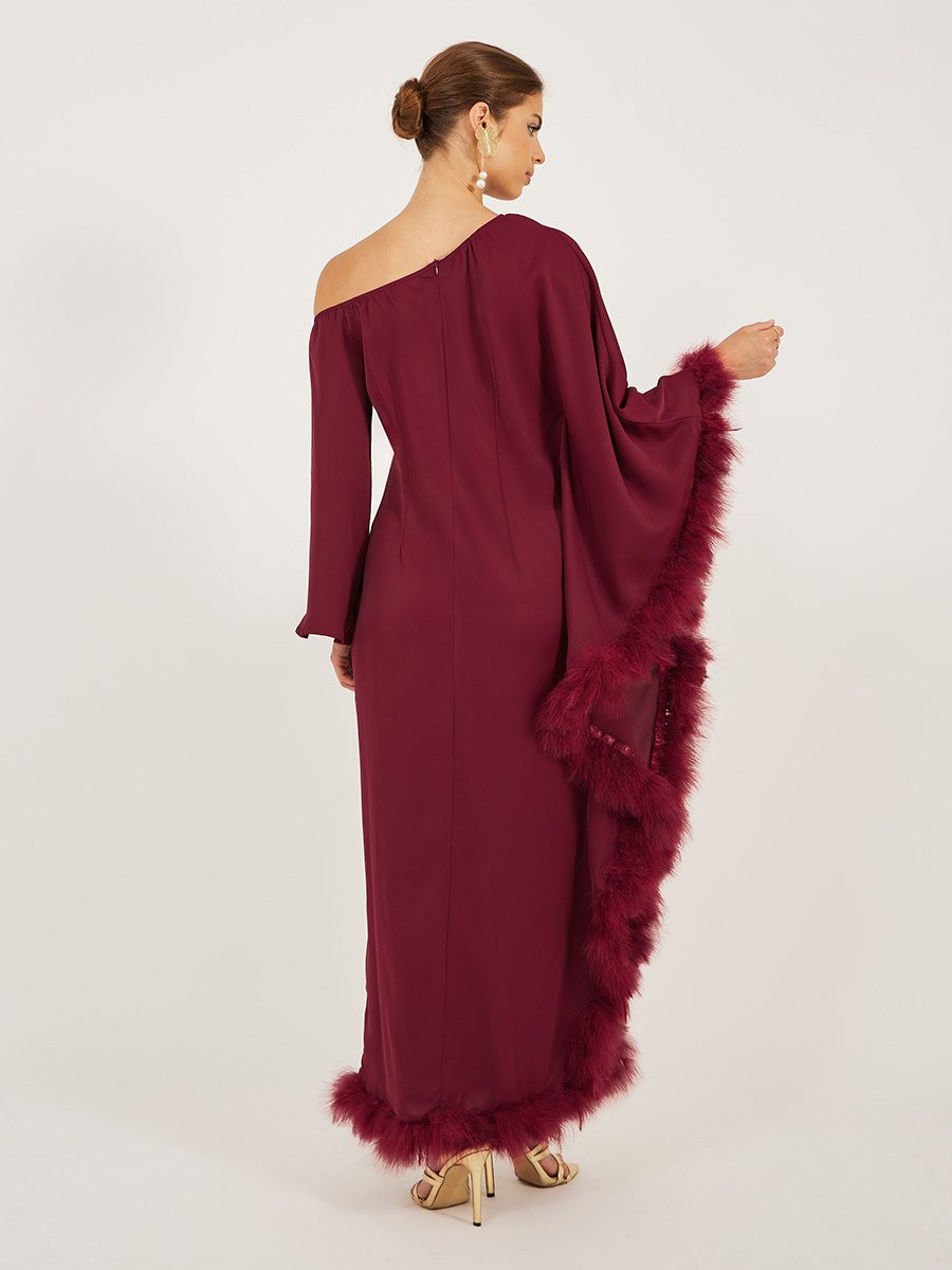 Asymmetric Neck Faux Fur Trim Maxi Dress For Women at Saudi | Styli