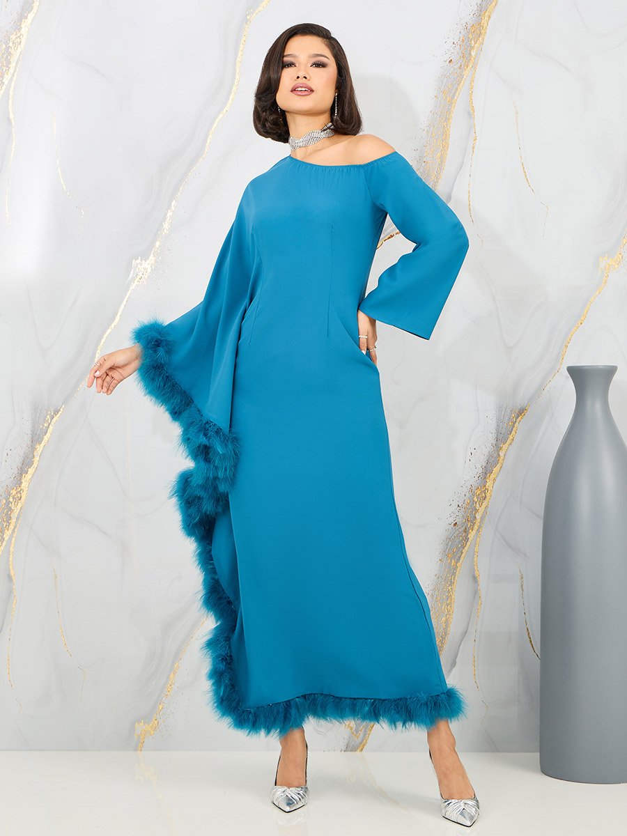 Asymmetric Neck Faux Fur Trim Maxi Dress For Women at Bahrain | Styli