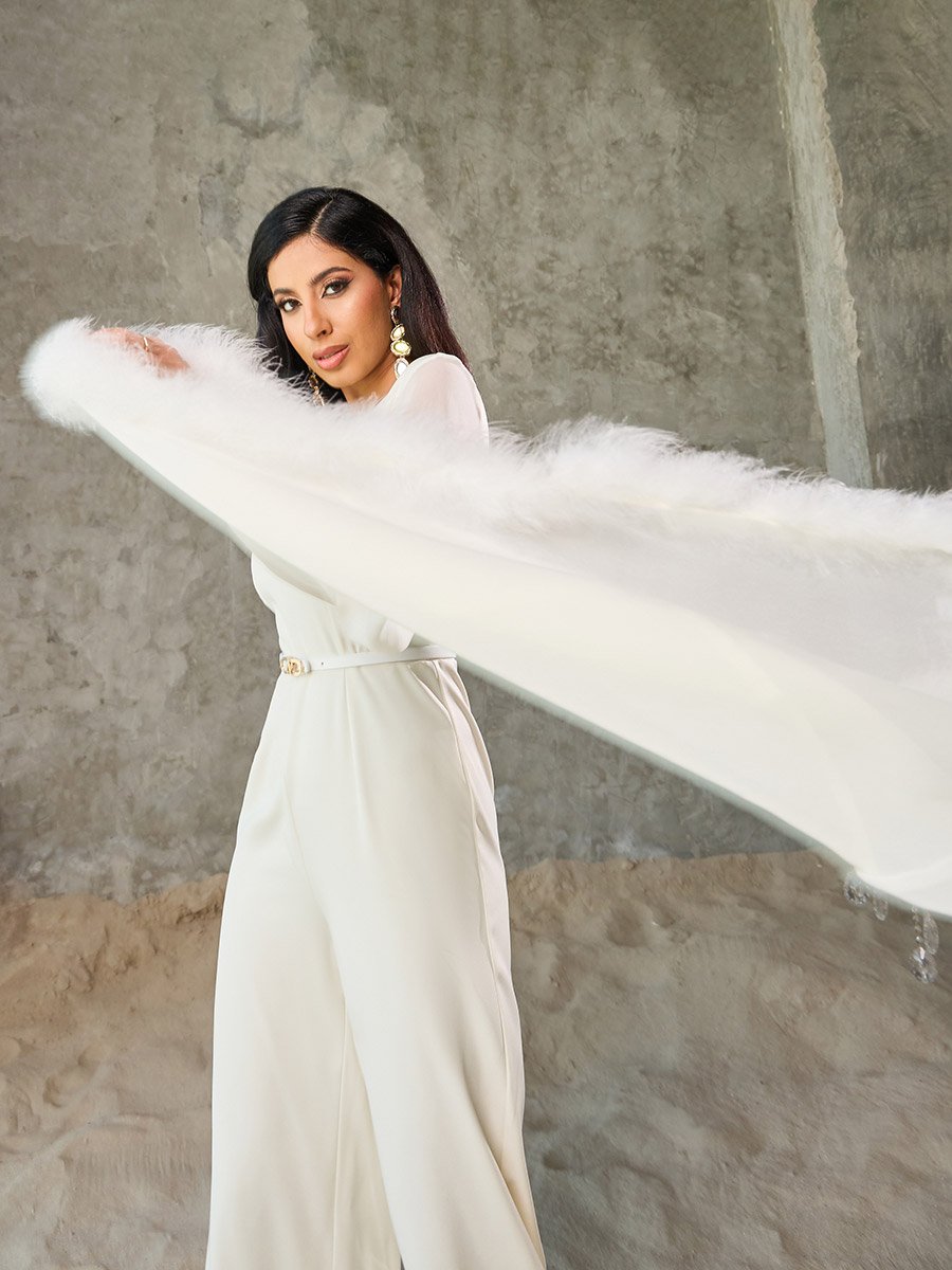 Faux Fur Trim One Shoulder Sleeves Wide Leg Jumpsuit For Women at