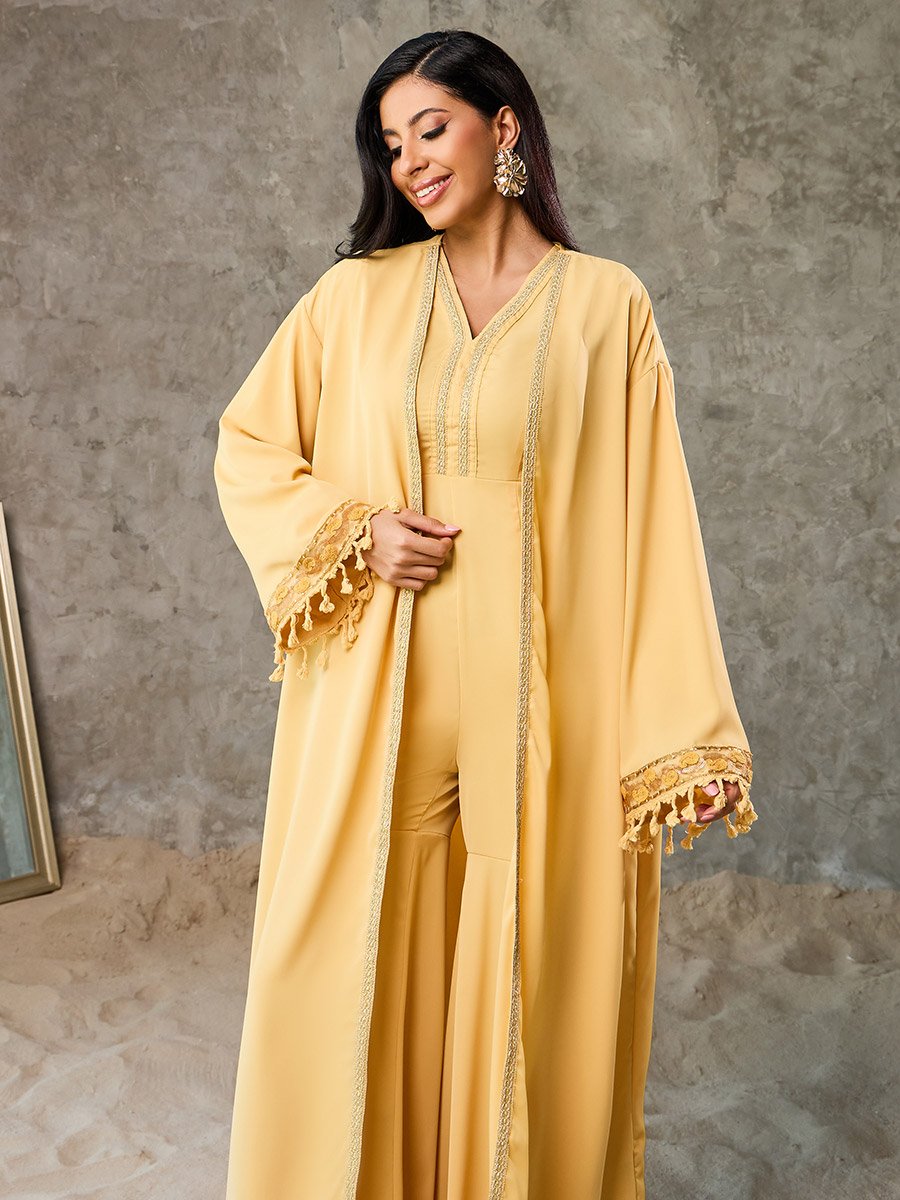 Embroidered Lace Flared Hem Jumpsuit and Tassel Trim Abaya Set