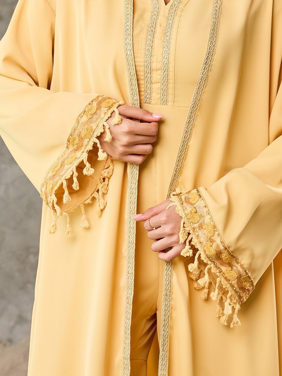 Embroidered Lace Flared Hem Jumpsuit and Tassel Trim Abaya Set