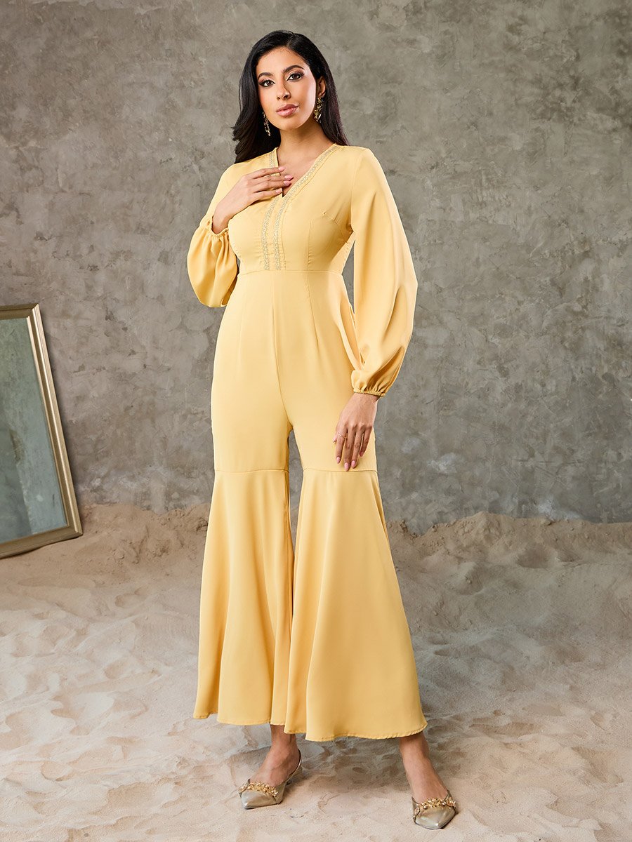 Embroidered Lace Flared Hem Jumpsuit and Tassel Trim Abaya Set