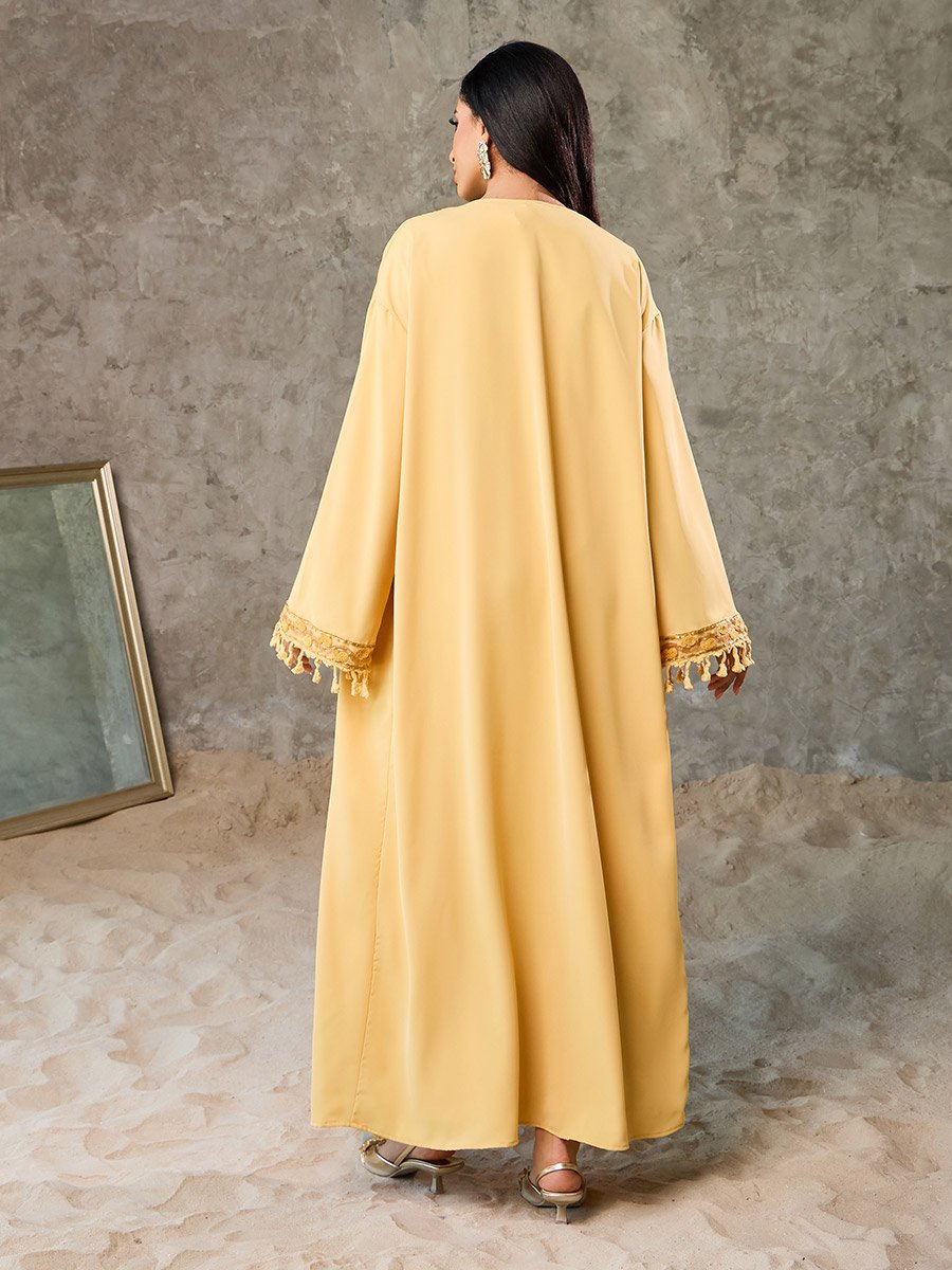 Embroidered Lace Flared Hem Jumpsuit and Tassel Trim Abaya Set
