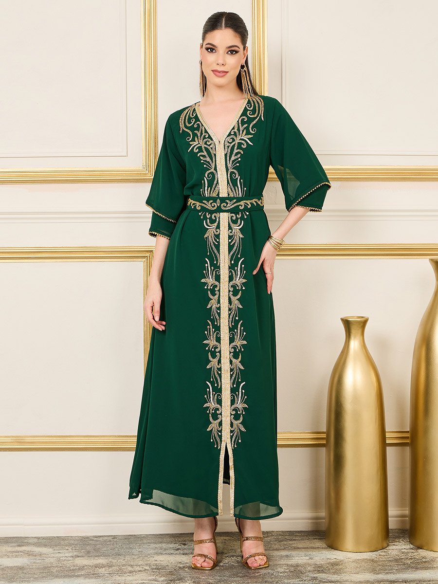 green emerald velvet dress Generic Women Muslim Ramadan Ethnic Saudi Kaftan Floral Sequins Embroidery  Belted Party Dresses Kuwaiti Eid Robe, Medium at Amazon Women's Clothing  store