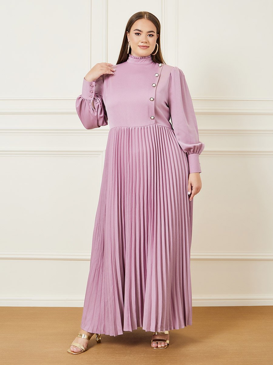 Plus Accordion Pleat Button Detail High Neck A-Line Maxi Dress