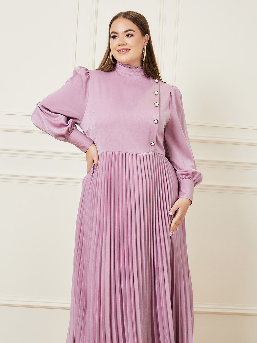 Plus Accordion Pleat Button Detail High Neck A-Line Maxi Dress