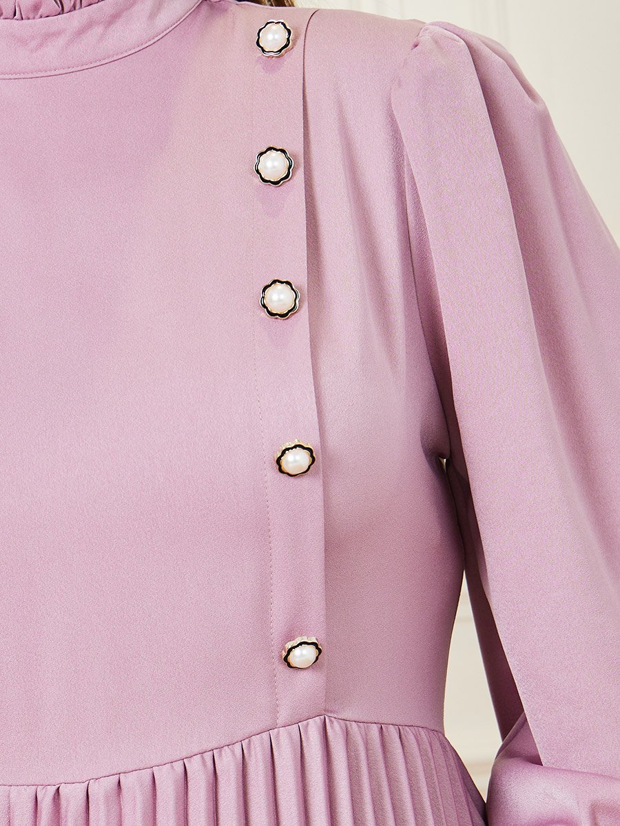 Plus Accordion Pleat Button Detail High Neck A-Line Maxi Dress