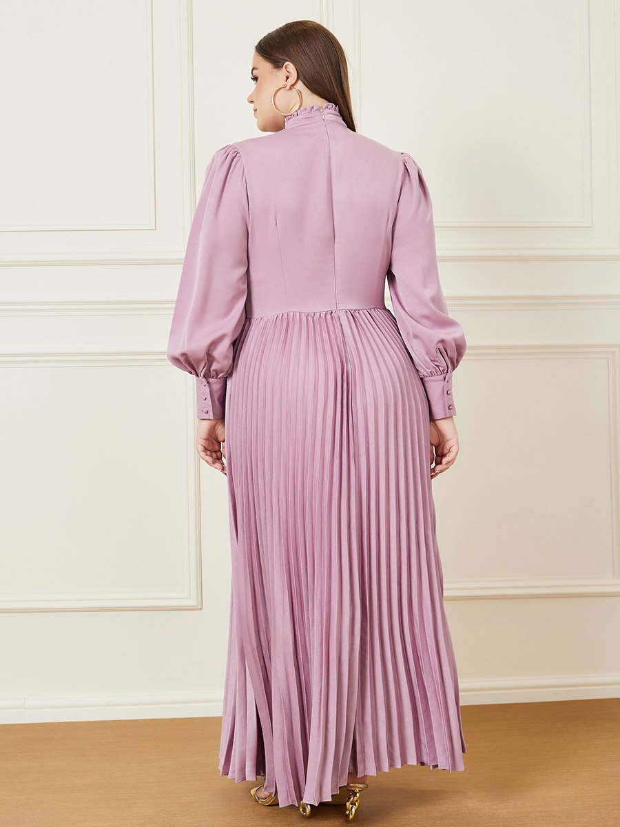 Plus Accordion Pleat Button Detail High Neck A-Line Maxi Dress