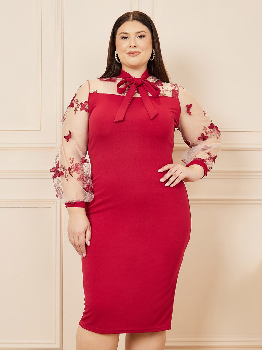 Plus Butterfly Embroidered Tie Up Neck Bodycon Midi Dress For Women at  Saudi | Styli