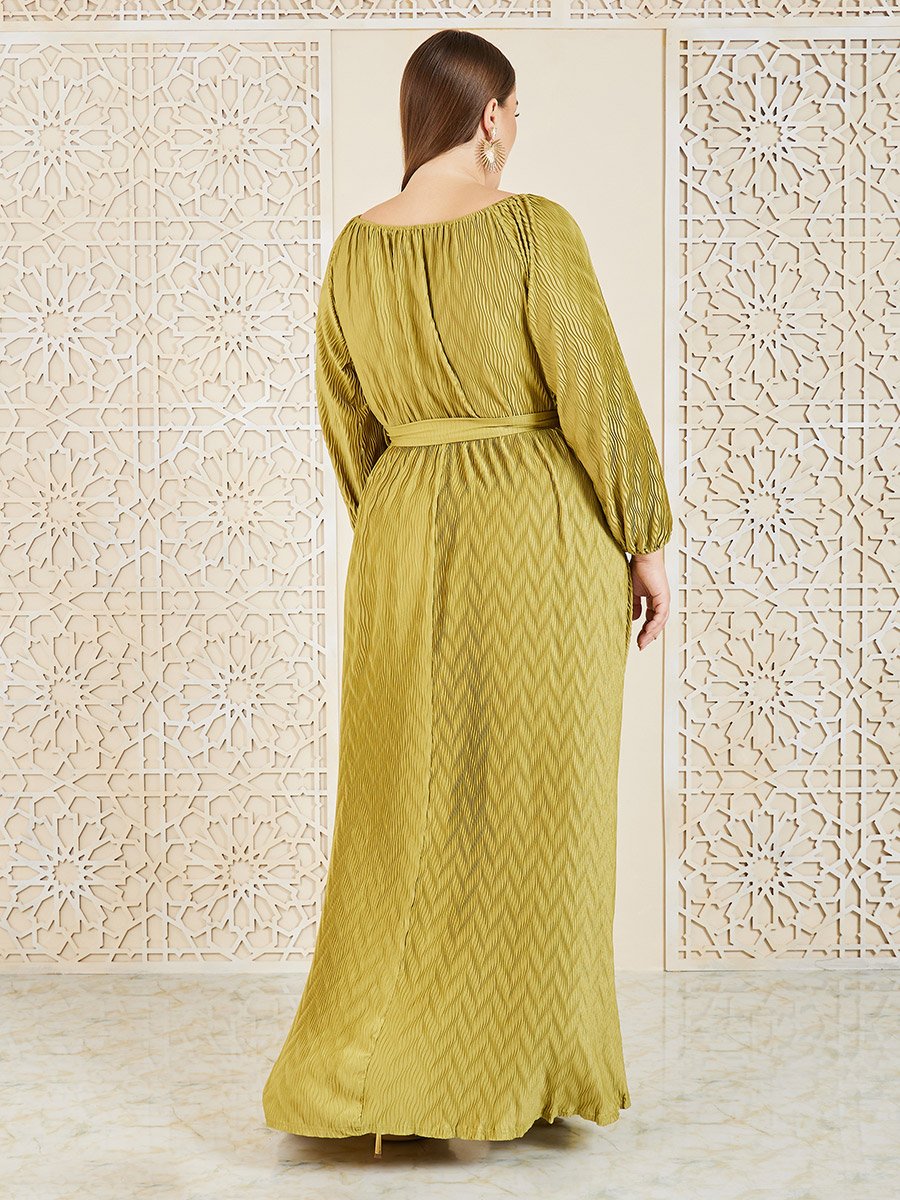Plus Satin Plisse Textured A-Line Maxi Dress with Self Tie Up For Women at  Kuwait | Styli