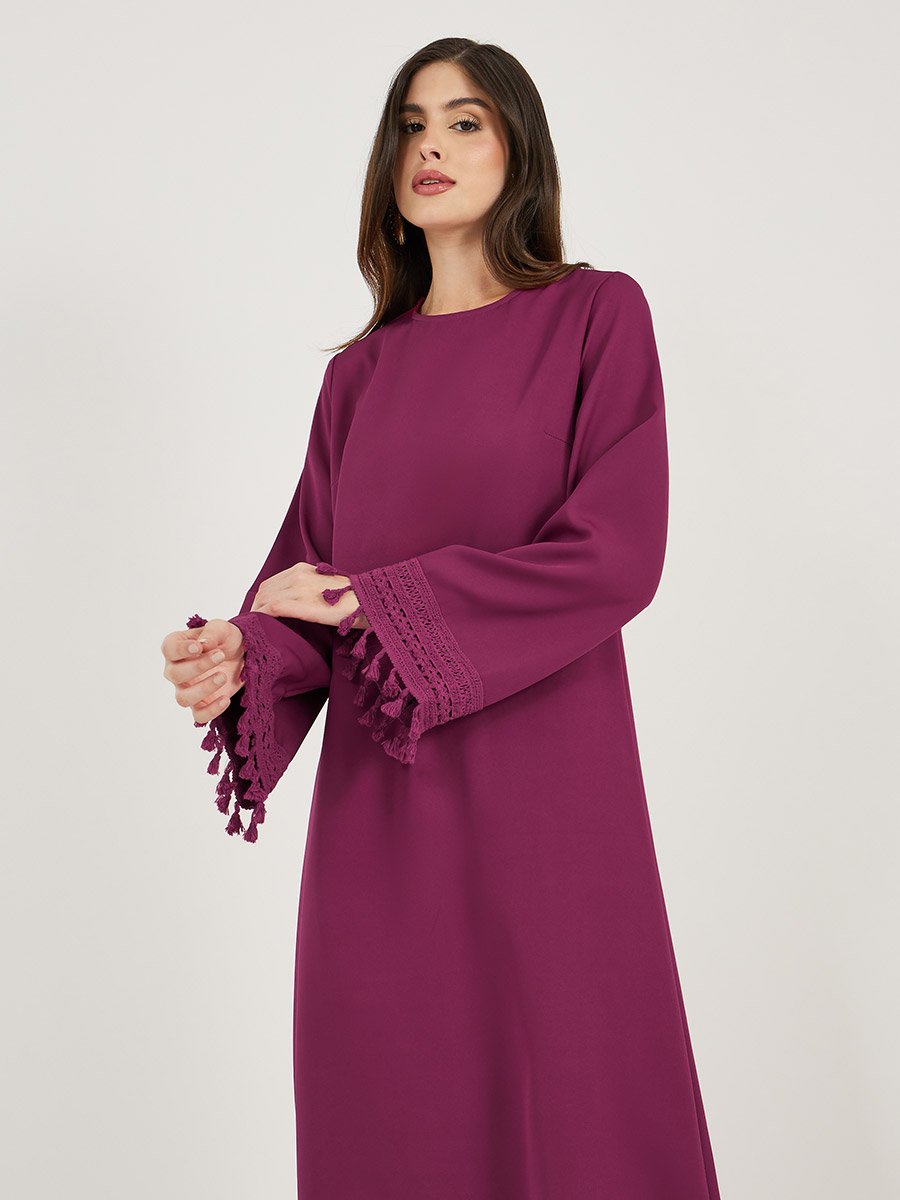 Solid Tasselled Long Sleeve Shift Maxi Dress