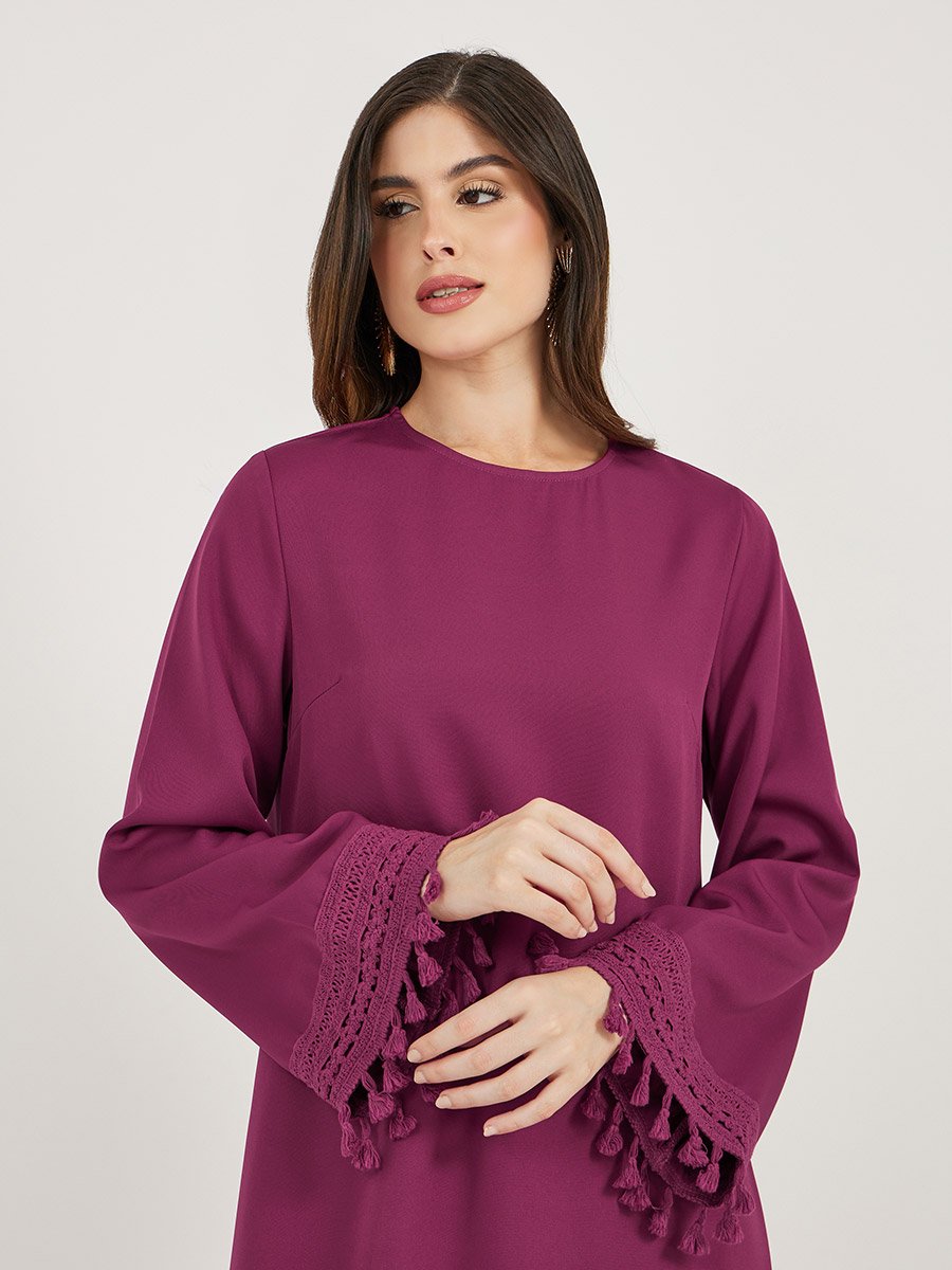 Solid Tasselled Long Sleeve Shift Maxi Dress