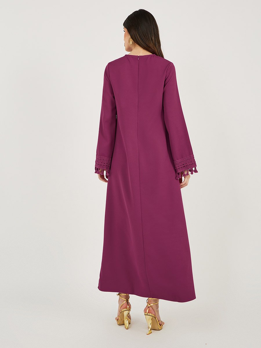 Solid Tasselled Long Sleeve Shift Maxi Dress