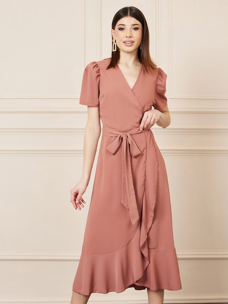 Ruffle Hem A-Line Midi Wrap Dress For Women at Saudi | Styli Ruffle Hem A-Line Midi Wrap Dress For Women at Saudi | Styli