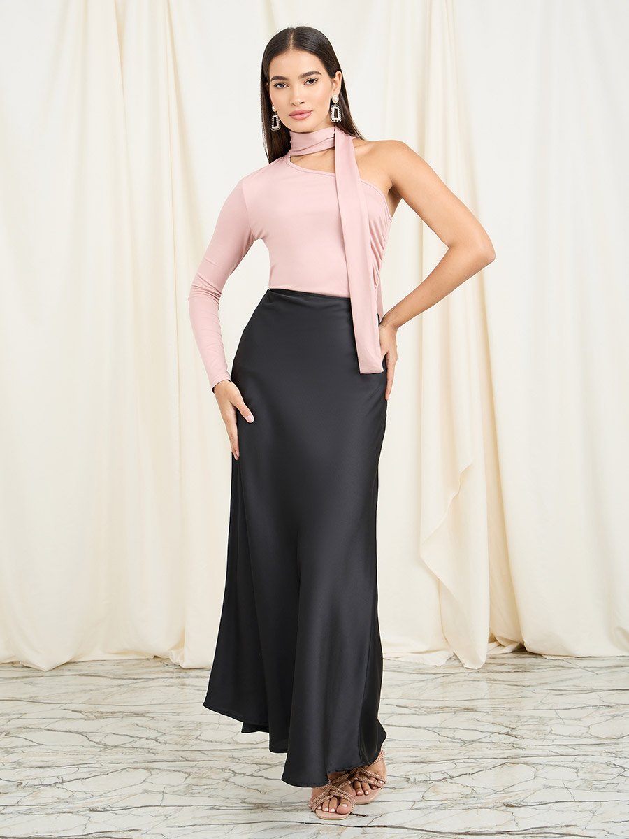 One Shoulder Sleeves Fitted Knit Top