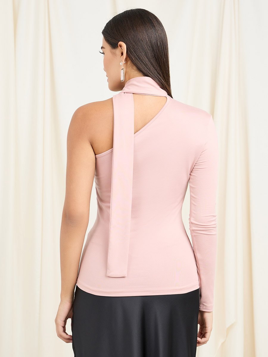 One Shoulder Sleeves Fitted Knit Top
