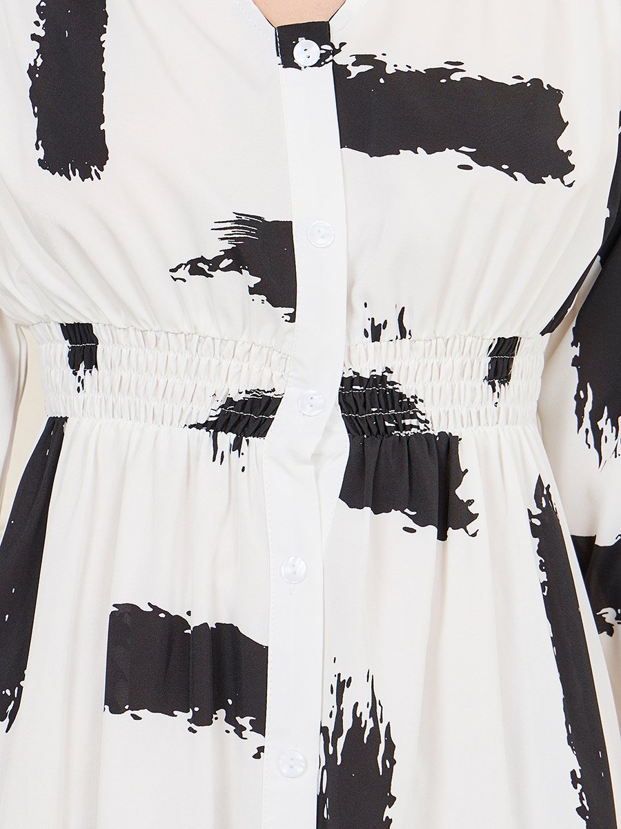 Abstract Print Smocked Waist Shirt Midi Dress